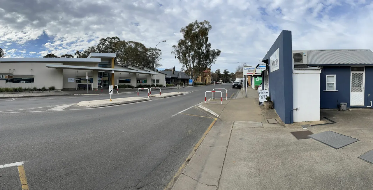 Panorama of Old North Road from the clinic, looking across to the Clare Medical Centre